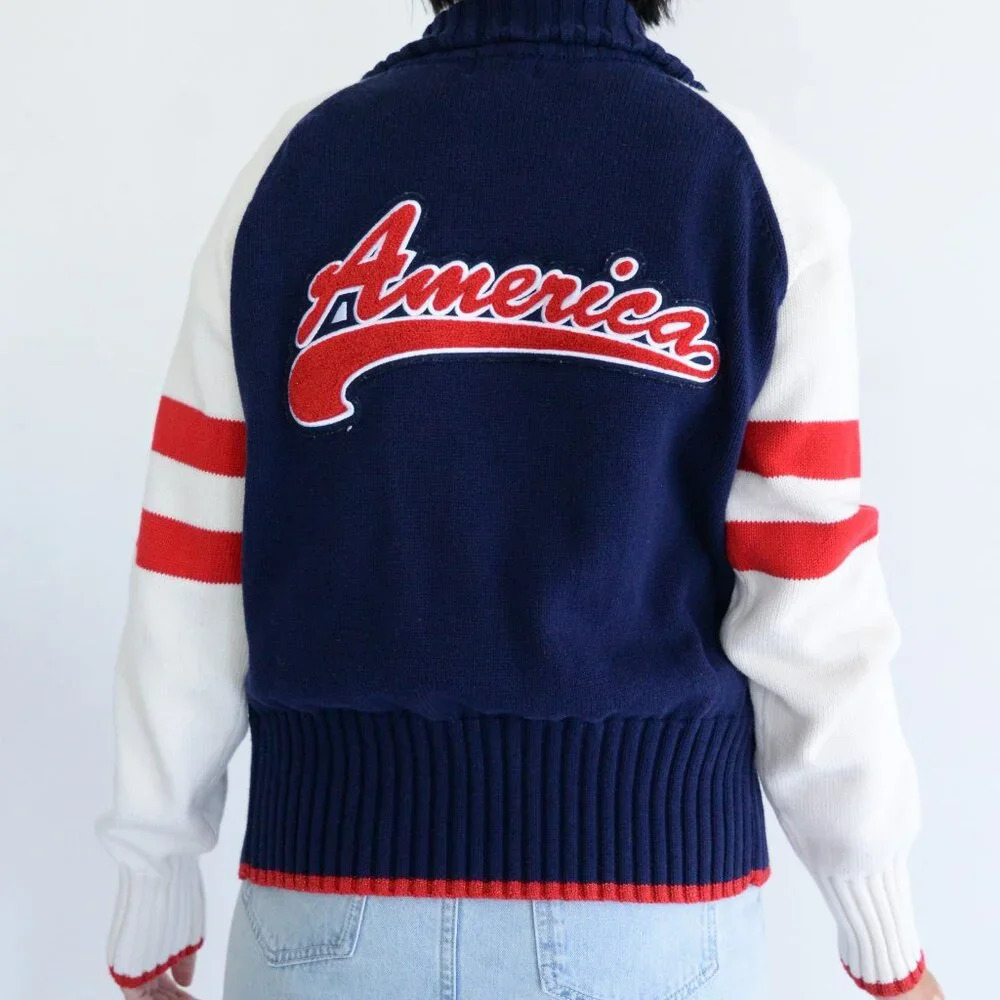 Vintage Route  66 Navy Red Knit Patriotic America 1776 100% Cotton Zip Sweater M